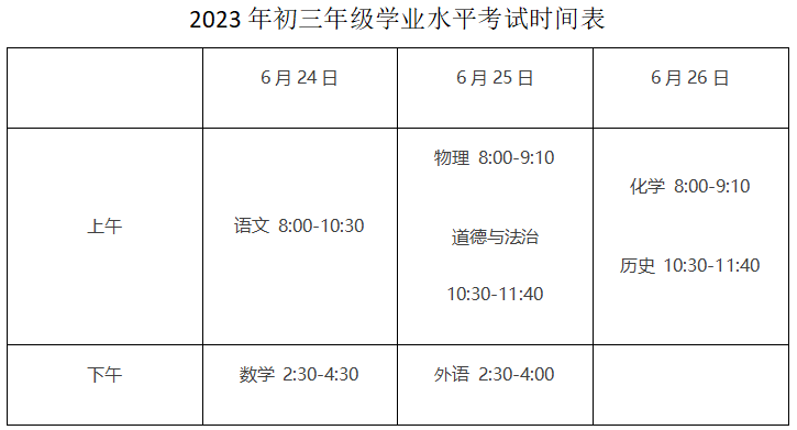 2023年初三年級學業水平考試時間表