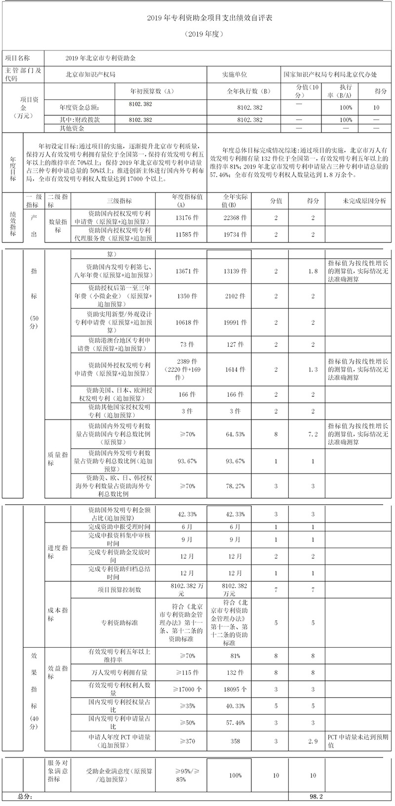 2019年專利資助金項目支出績效自評表