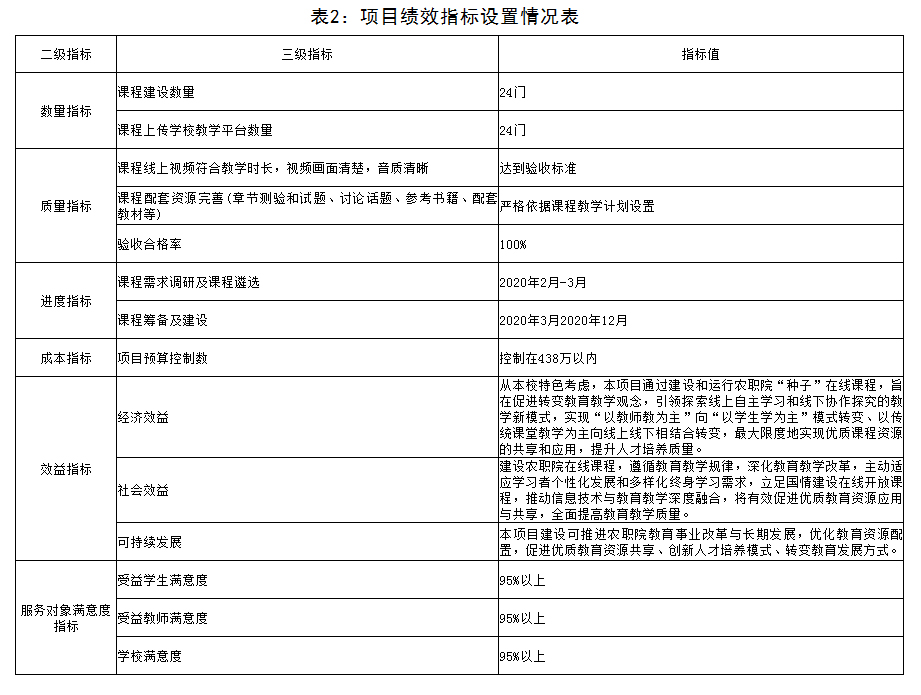 表2：項目績效指標設置情況表