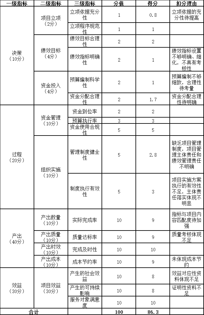 項目支出指標體係及評分情況表