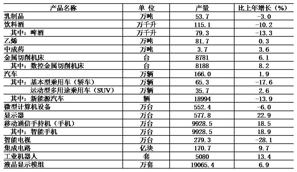 表5 2020年規模以上工業企業主要產品產量