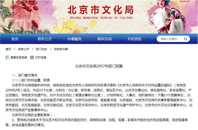 北京市文化局2017年部門預算