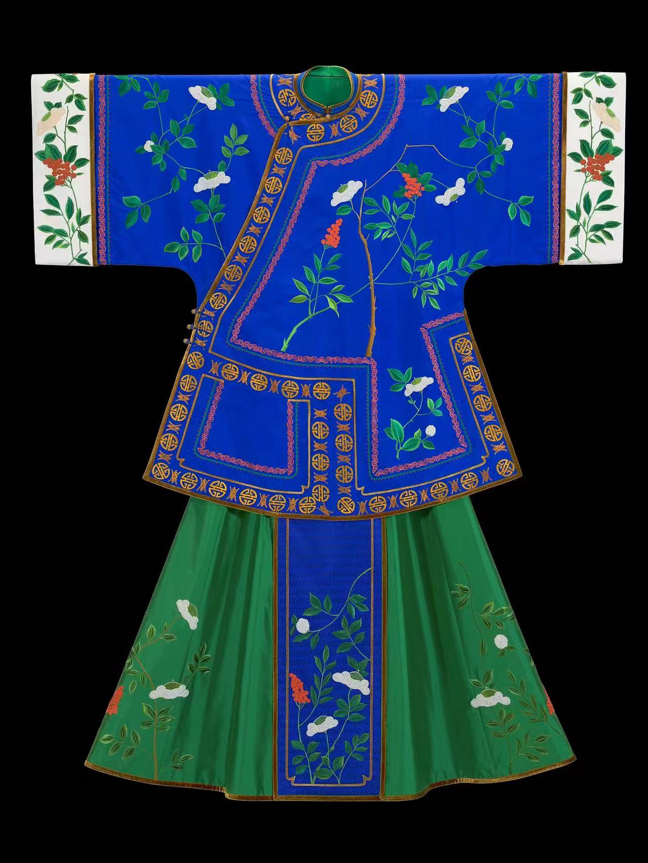 京繡-寶石藍綢繡青綠枝間福壽綿延襖褂配綠綢馬麵裙