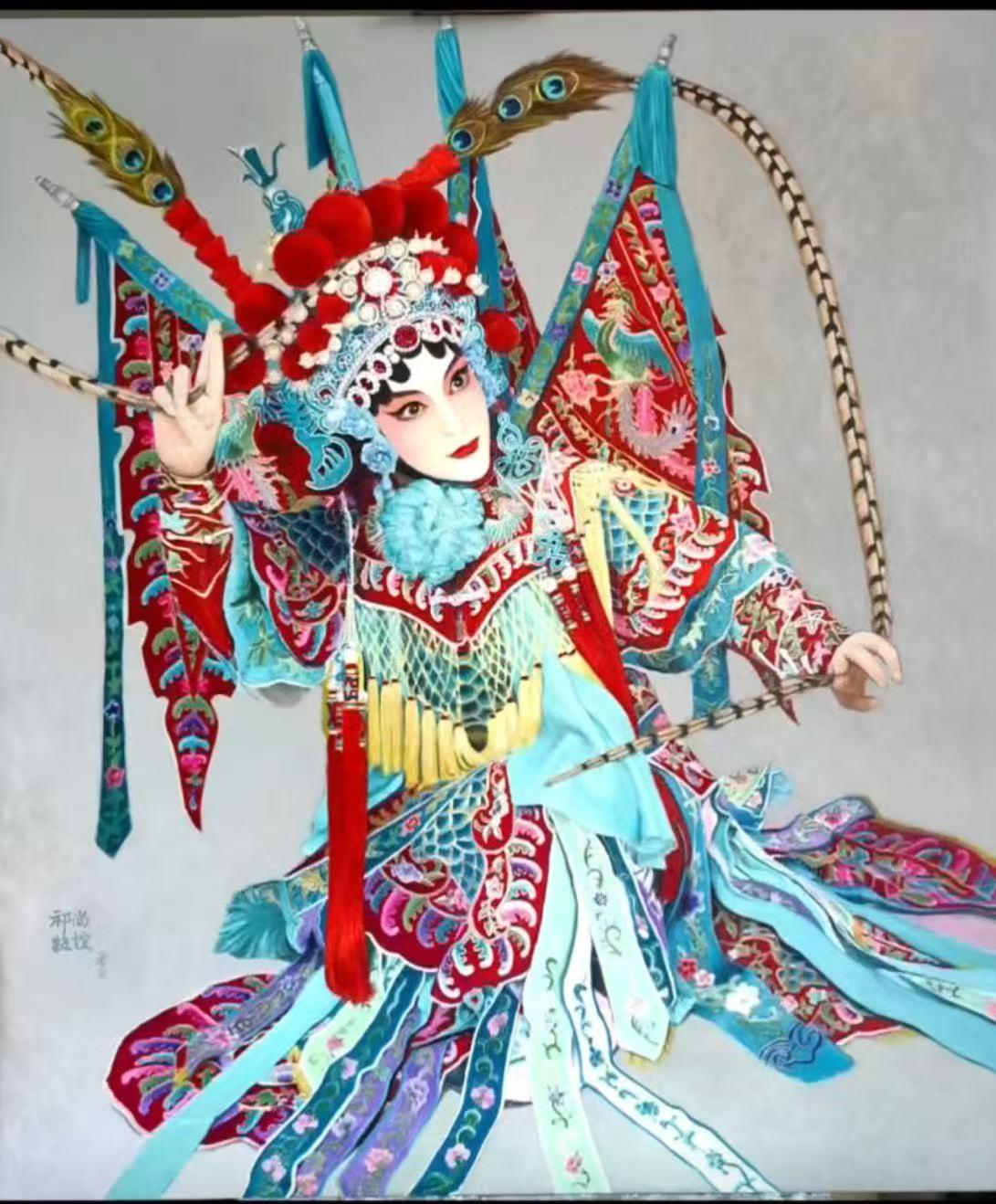 靳尚誼、祁豔，《戲韻英姿》，布麵油畫，92x107.5cm，2025年，沒麵板