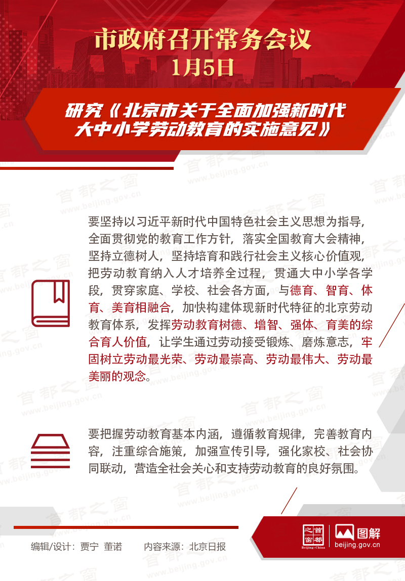 市政府常務會議:研究《北京市關於全麵加強新時代大中小學勞動教育的實施意見》 市政府常務會議:研究《北京市關於全麵加強新時代大中小學勞動教育的實施意見》