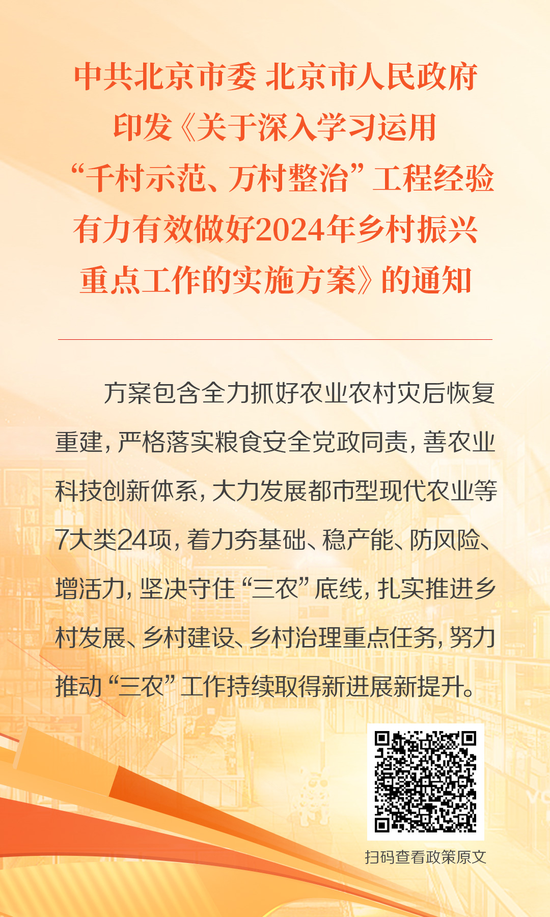海報：中共北京市委 北京市人民政府印發《關於深入學習運用“千村示範、萬村整治”工程經驗有力有效做好2024年鄉村振興重點工作的實施方案》的通知
